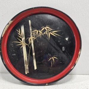 Vintage Asian Round Tray Rustic Red Gold Black with Bamboo Print Home Decor